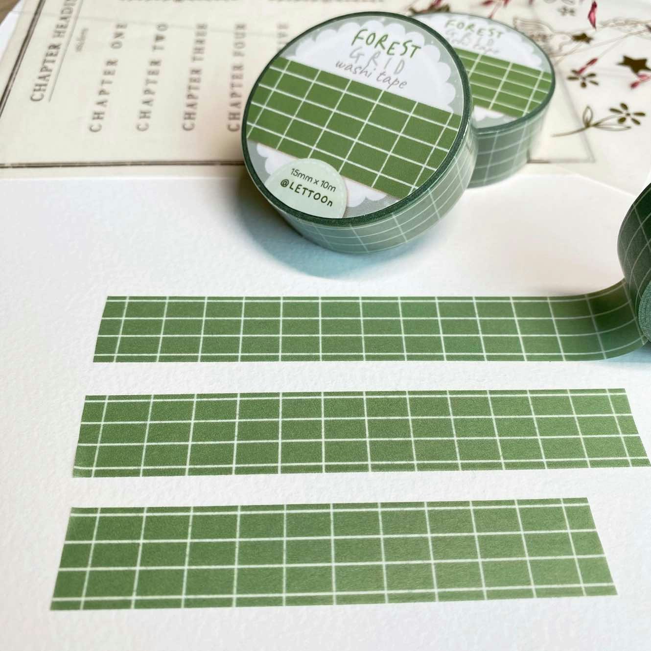 Washi tape Lettoon - Forest Green Grid 15 mm