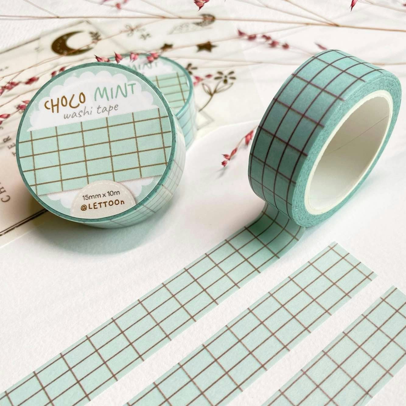 Washi tape Lettoon - Choco Mint Grid 15 mm