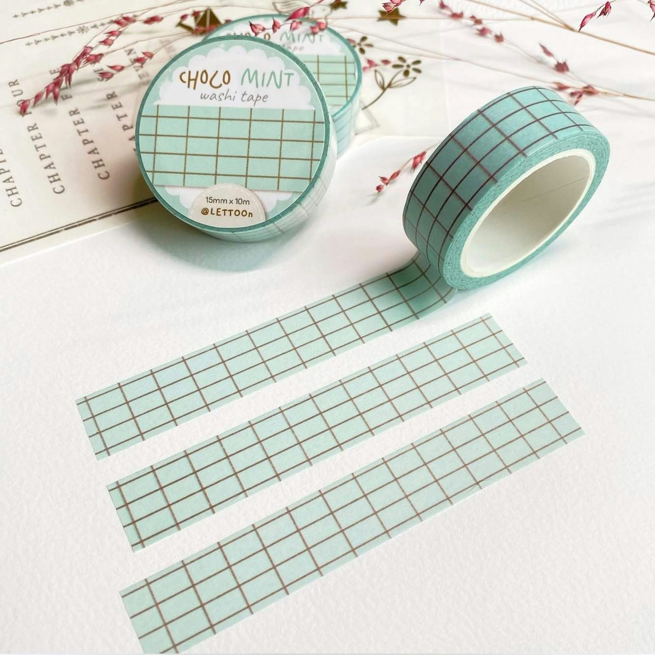 Washi tape Lettoon - Choco Mint Grid 15 mm