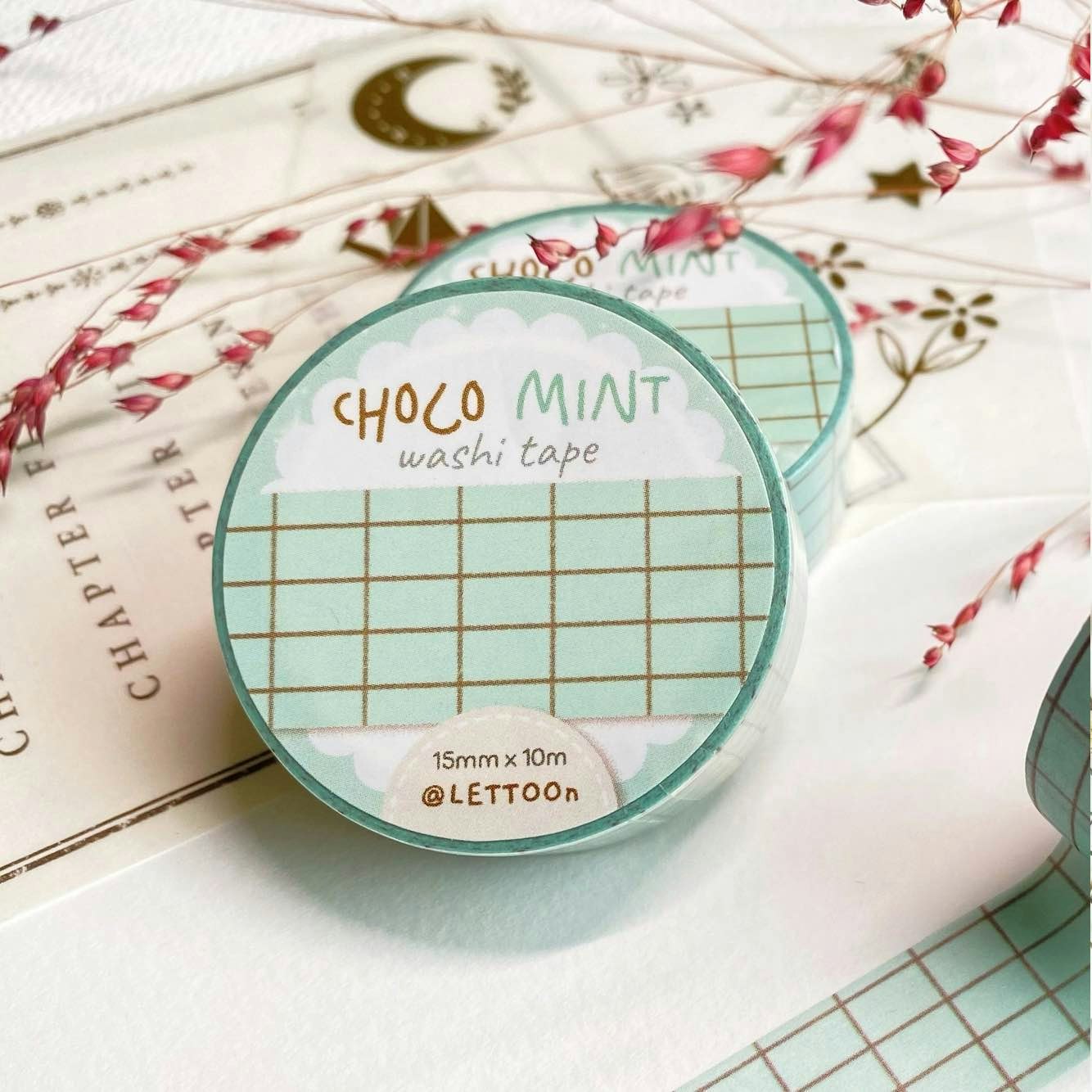 Washi tape Lettoon - Choco Mint Grid 15 mm