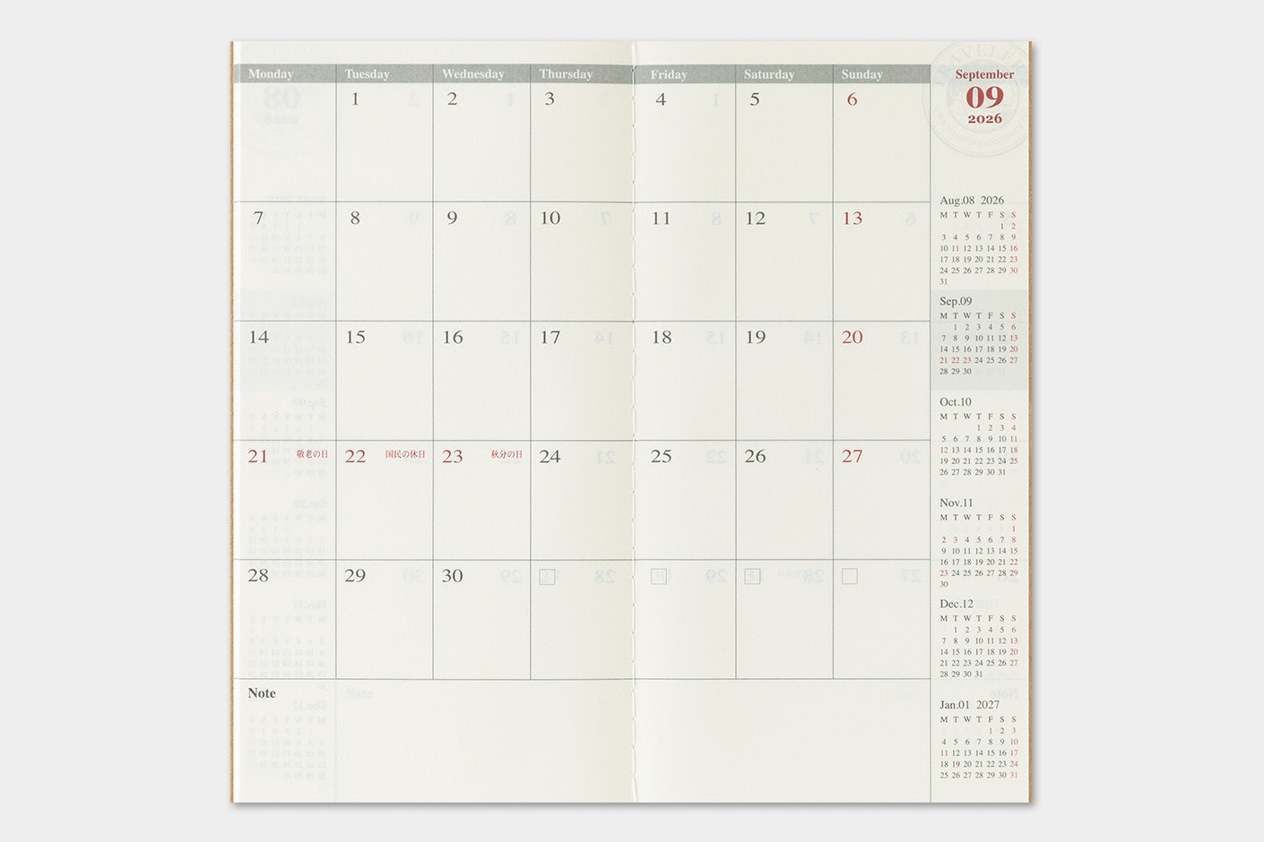 2026 Diary Refill (Monthly) - Regular Size // Traveler's Notebook