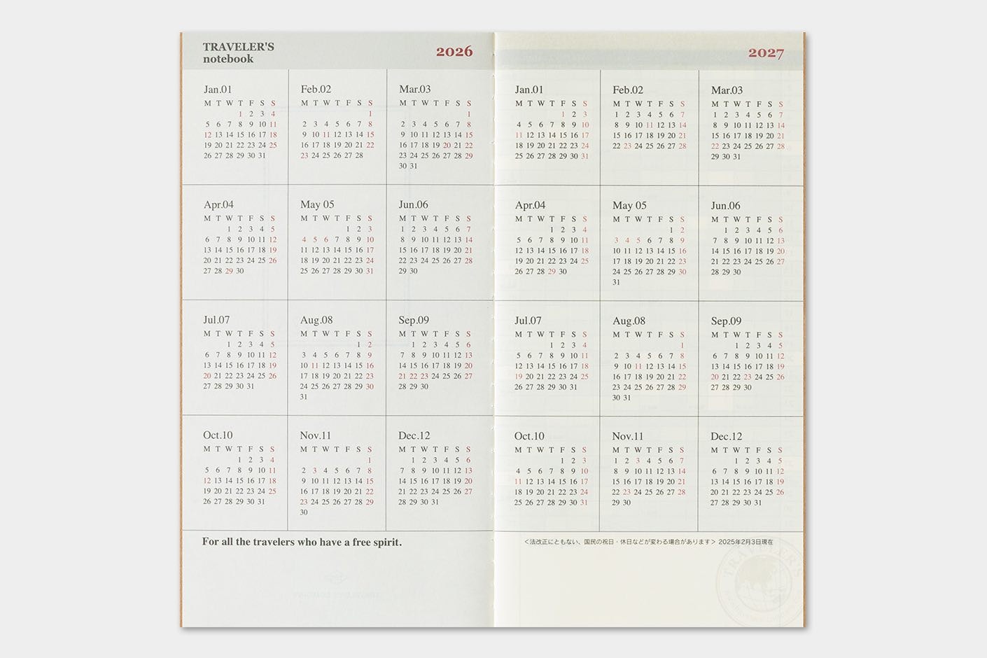 2026 Diary Refill (Monthly) - Regular Size // Traveler's Notebook