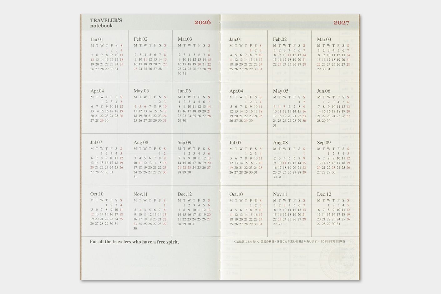 2026 Diary Refill (Weekly + memo) - Regular Size // Traveler's Notebook