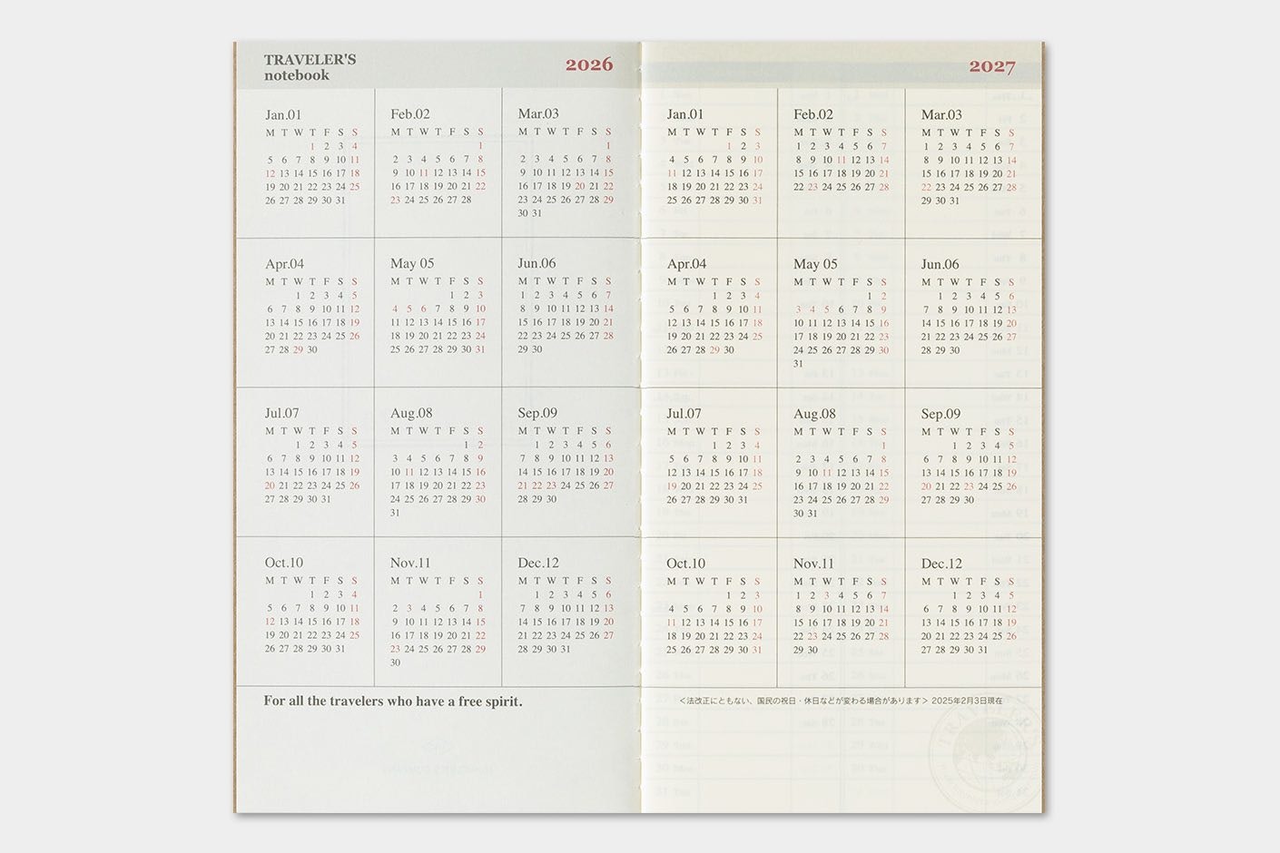 2026 Diary Refill (Weekly Vertical) - Regular Size // Traveler's Notebook