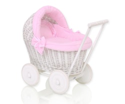 Flätad dockvagn, vit och rosa