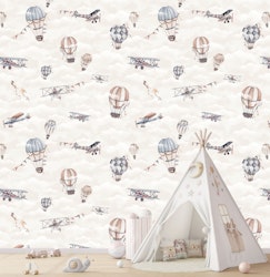 Tapet Retro Ballonger Och Flygplan Beige