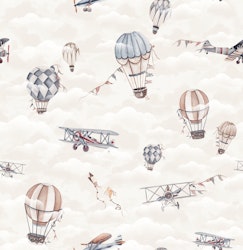 Tapet Retro Ballonger Och Flygplan Beige
