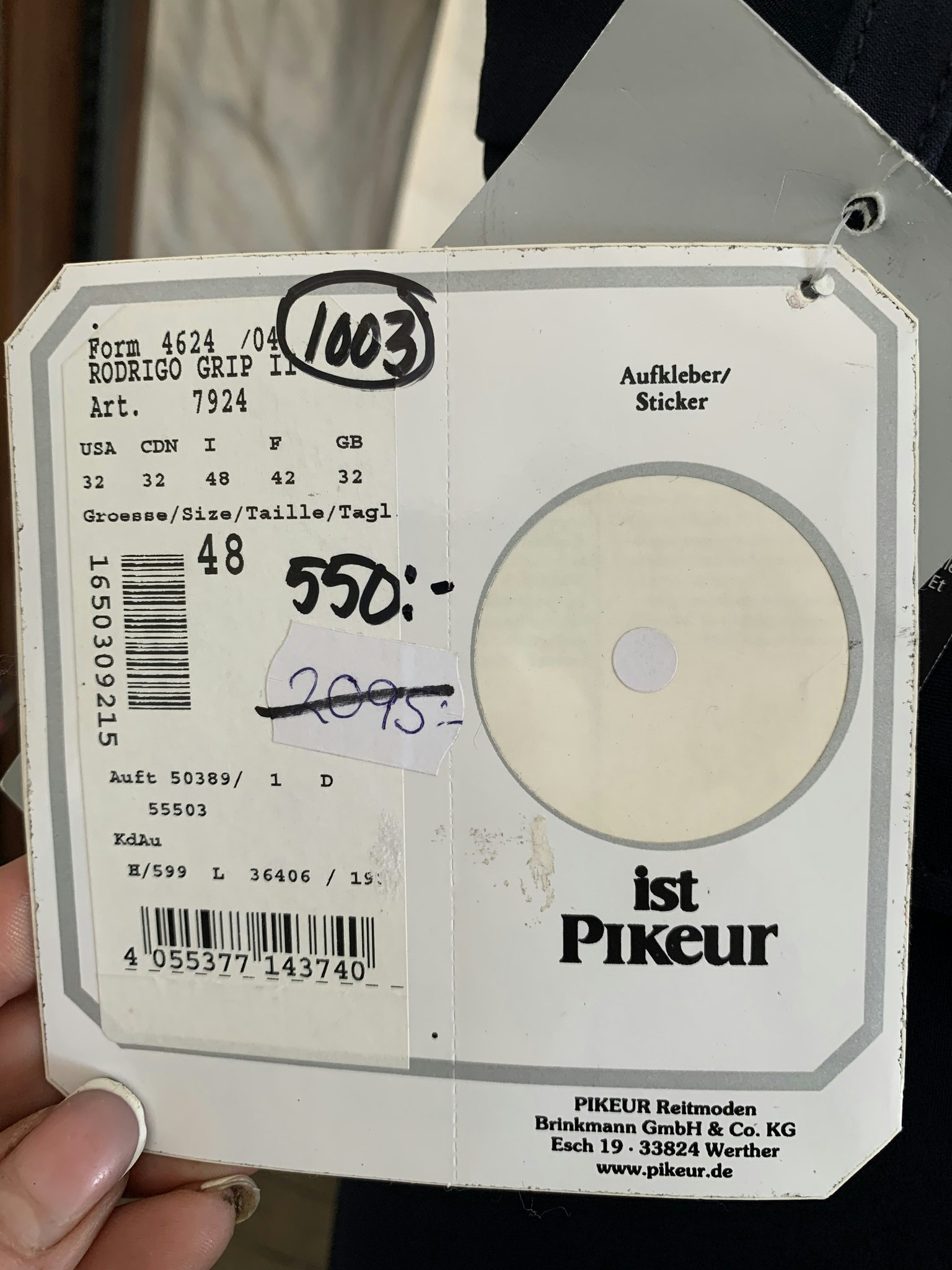 Pikeur ,knäskodda med silicon,blåa,stl 48,nya