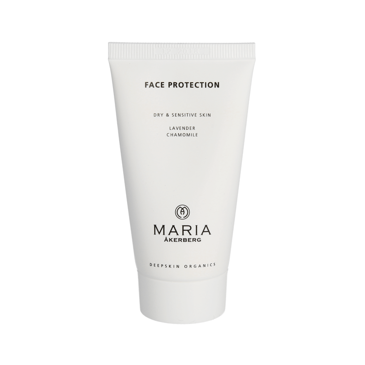 Maria Åkerbergs Face Protection med eterisk olja av Lavendel och extrakt av Kamomill är en mild och mjukgörande lotion för torr och känslig hud. Lindrar och dämpar rödflammig hud.