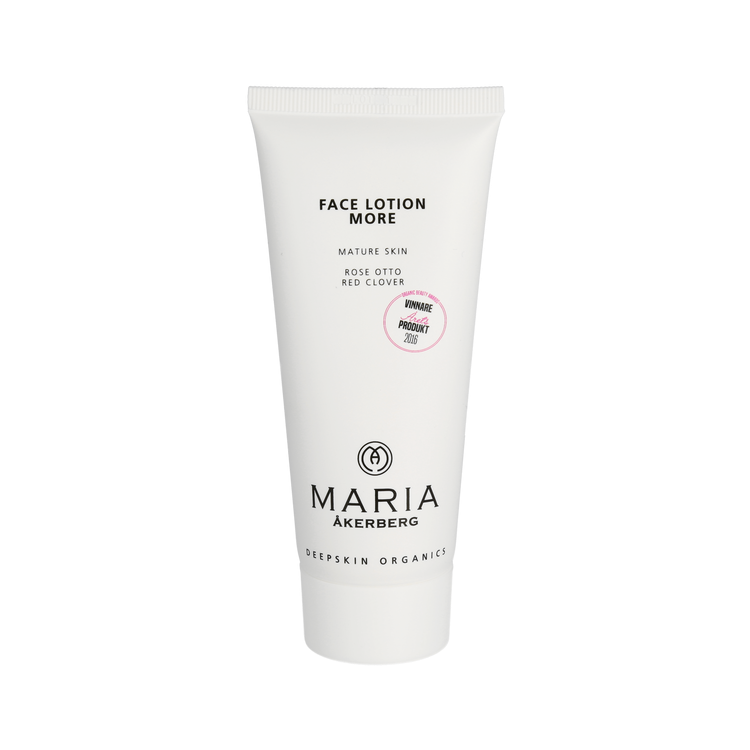 Maria Åkerberg Face Lotion More är en fuktbevarande lotion för mogen hud med extrakt av Rödklöver och eteriska oljor av Ros, Patchouli och Bergamott, som återger huden dess elasticitet och spänst.