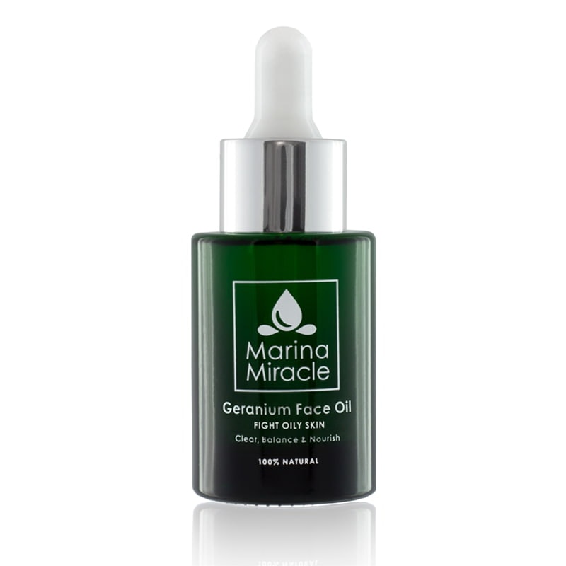 Marina Miracle Geranium Face Oil är för fet hud med anti-inflammatoriska örter.  Överproduktion av olja i ansiktet minskar och huden blir balanserad, slät och med en frisk och sund lyster.