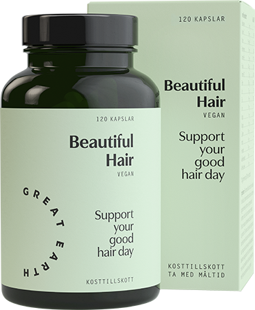 Beautiful Hair från Great Earth innehåller ett brett spektrum av vitaminer, mineraler och noggrant utvalda näringsämnen som cystein, åkerfräken och hirs. Cystein är en svavelhaltig aminosyra som är en