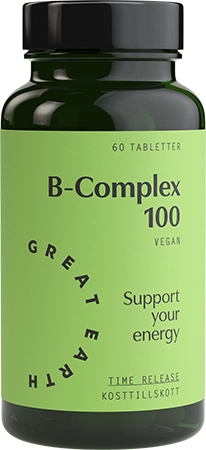 B-complex 100 innehåller Great Earth’s Time Release-system, vilket innebär att B-vitaminerna utsöndras gradvis under 8 timmar så att kroppen kan tillgodogöra sig vitaminerna på ett bättre sätt.  B-vit