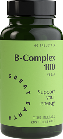 B-complex 100 innehåller Great Earth’s Time Release-system, vilket innebär att B-vitaminerna utsöndras gradvis under 8 timmar så att kroppen kan tillgodogöra sig vitaminerna på ett bättre sätt.  B-vit