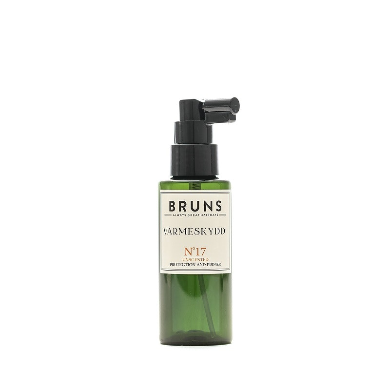 VÄRMESKYDD Nº17 oparfymerad leave-in spray från Bruns Products skyddar ditt hår vid användning av värmetänger samt fön upp till 230ºC/450ºF.