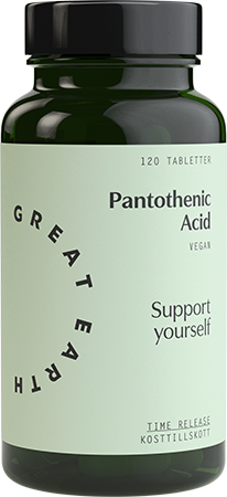 Pantothenic Acid Great Earth kosttillskott för hjärnan och energi Pantotensyra, vitamin B5, är ett vattenlösligt vitamin som är viktigt för prestationsförmågan och för att minska trötthet och utmattni