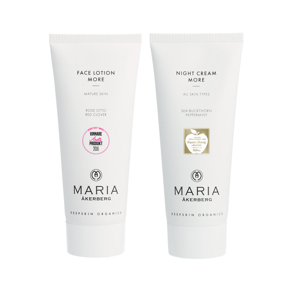 More For You innehåller två av svenska folkets favoritprodukter från Maria Åkerberg. Face Lotion More och Night Cream More. Båda har röstats fram till Årets Produkt i tävlingen Organic Beauty Awards (