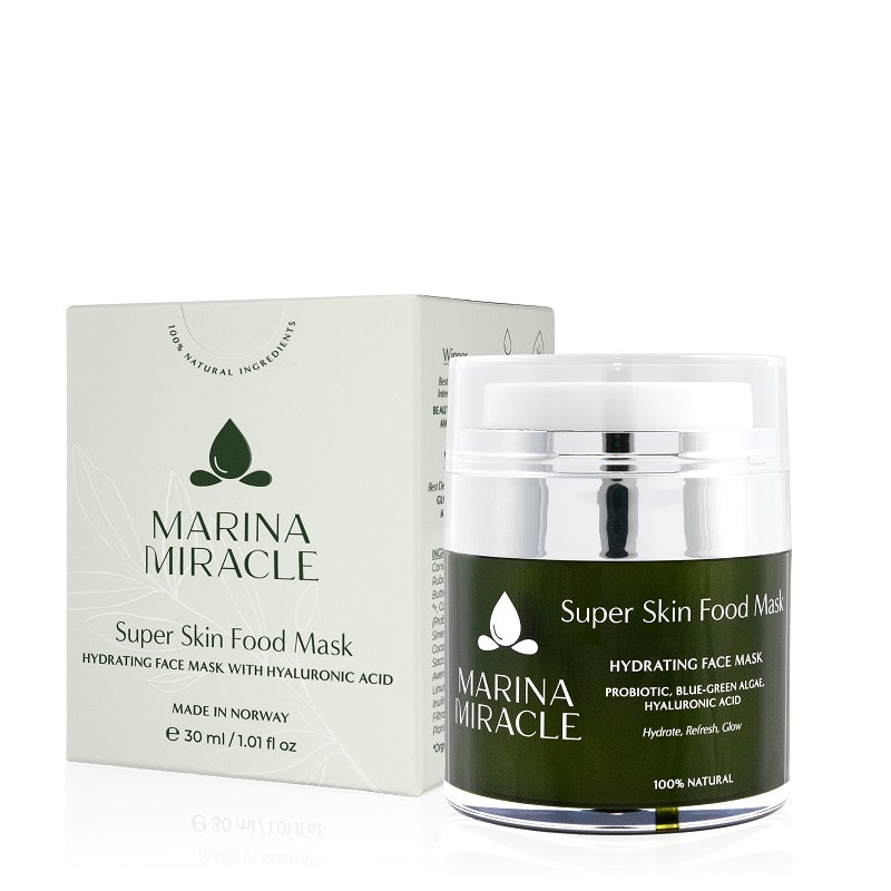 Marina Miracle Super Skin Food Mask verkar effektivt på trött och torr hud.  En djupt återfuktande mask med fantastisk doft av gröna äpplen   Fruktsyra- 4% AHA-syra) som ger huden aktiva näringsämnen 