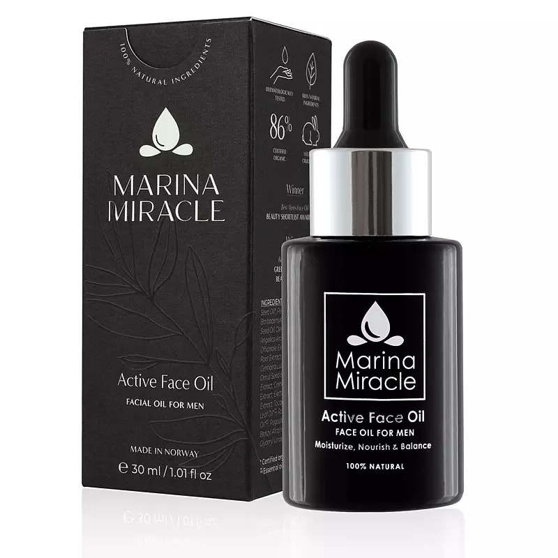 Active Face Oil är ansiktsolja för män som ger både fukt och näring till huden från Marina Miracle.  Den lugnar irritationer och mjukgör huden på djupet. Innehåller olivbladsextrakt som är särskilt ri
