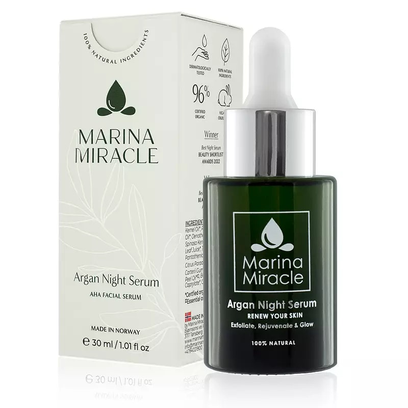 Marina Miracle Argan Night Serum ger lyster och jämn hudyta. Motverkar ärr och ojämnheter. Bra även vid oren hud