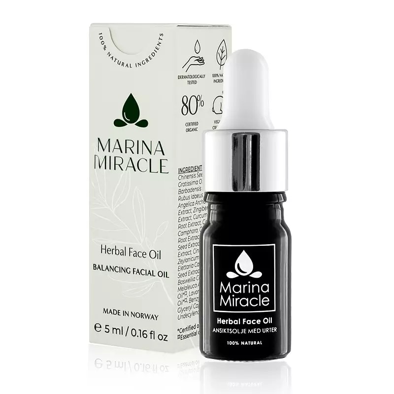 Herbal Face Oil näringsrik ansiktsolja som innehåller både fukt och oljor.   Passar perfekt för kombinerad, känslig och torr hud. Innehåller skandinaviska örter, jojobaolja, avokado-olja, hallonfröolj