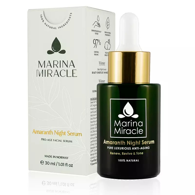 Ger lyster och jämn hudton. Marina Miracle Amaranth Night Serum är ett lyxig nattserum som förnyar, föryngrar och stramar upp huden medan du sover.
