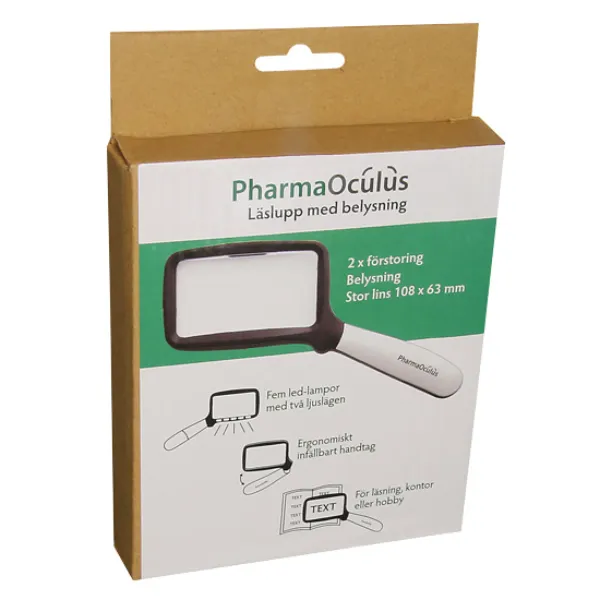 Låda till Pharma Oculus Läsförstoringsglas med LED-belysning. Hopfällbart