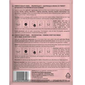 Kimoco beauty mask Snail Filtrate- Repairing & Firming Sheet Mask