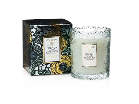 Voluspa Scalloped Edge Embossed Glass Candle - French Cade Lavender