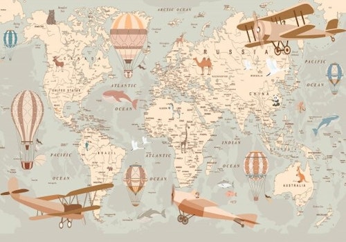 Non Woven - Världskarta med ballonger och flyg