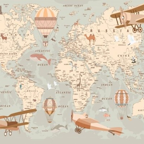 Non Woven - Världskarta med ballonger och flyg