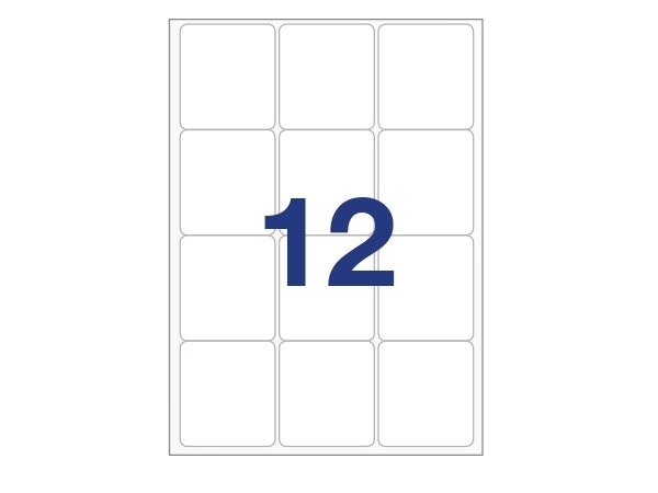 12 labels/A4. Approx 63 x 72mm. Self-adhesive labels for your printer
