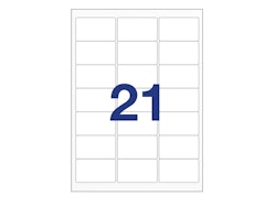 21 labels/A4. Approx  63 x 38mm. Self-adhesive labels for your printer