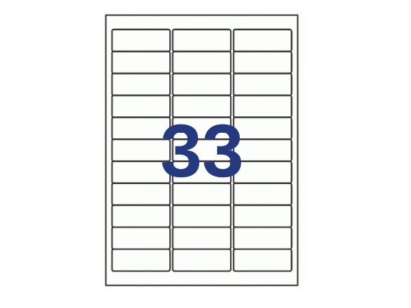 33 labels/A4. Approx 63 x 25mm. Self-adhesive labels for your printer