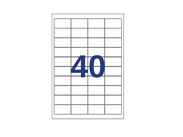 40 etiketter/A4. Ca 48,5 x 25,4 mm. Selvklæbende etiketter til din printer