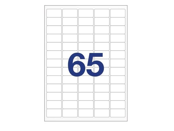 65 labels/A4. Approx 38 x 21mm. Self-adhesive labels for your printer