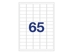 65 labels/A4. Approx 38 x 21mm. Self-adhesive labels for your printer
