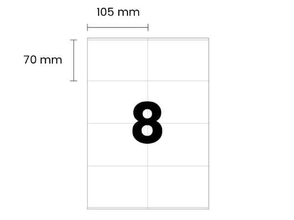 8 labels/A4. Approx 105 x 70mm. Self-adhesive labels for your printer