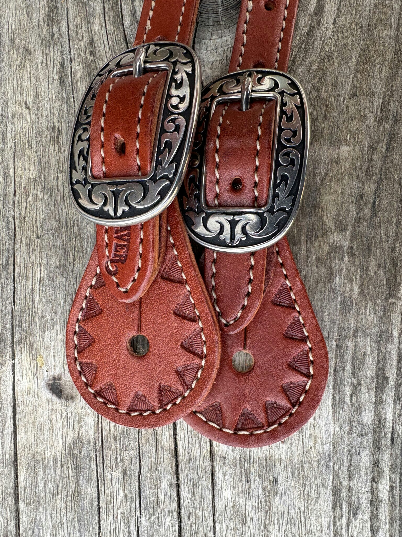 Weaver Youth Hand Tooled Triangle Border Spur Straps  Chestnut