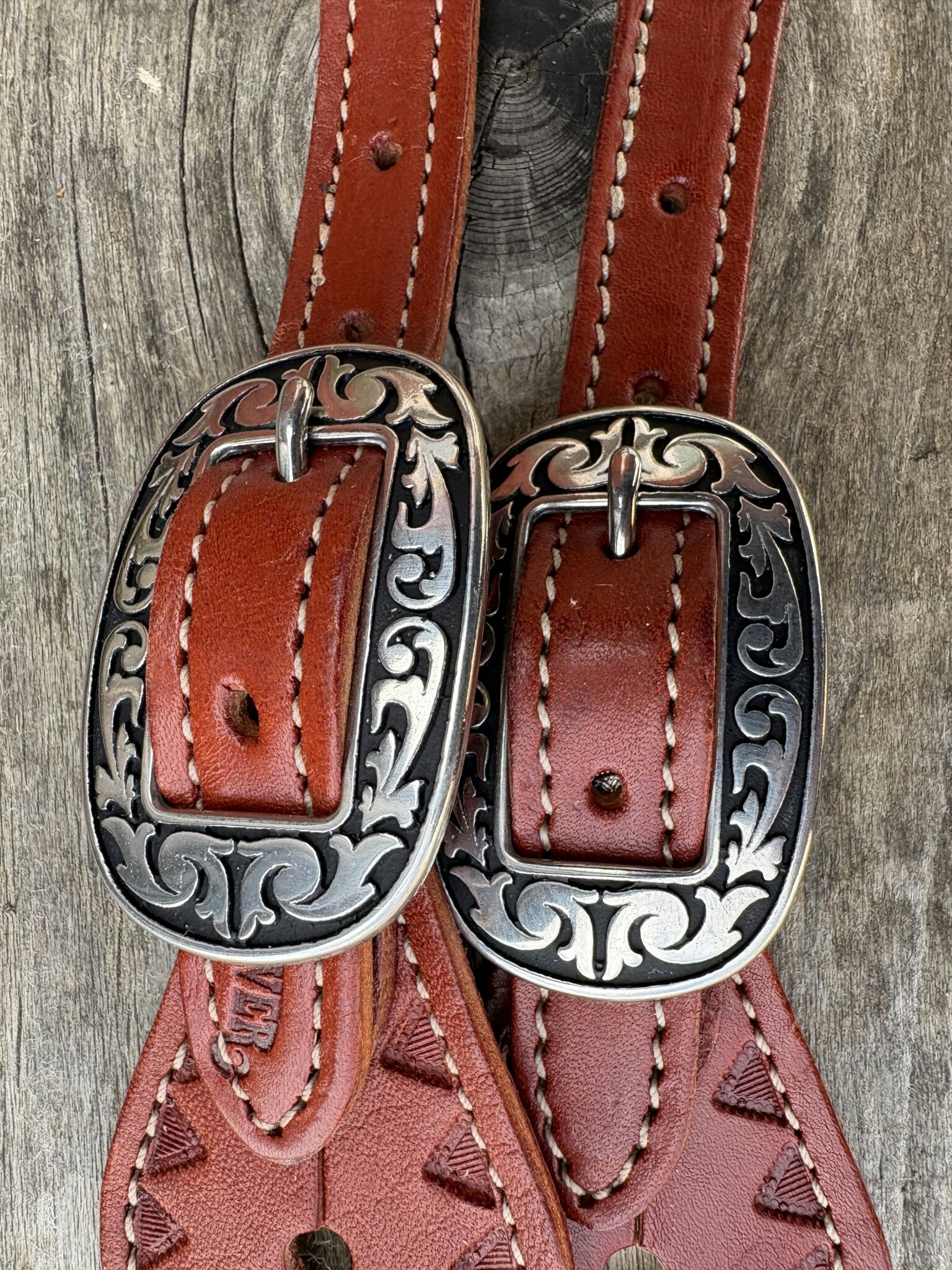 Weaver Youth Hand Tooled Triangle Border Spur Straps  Chestnut