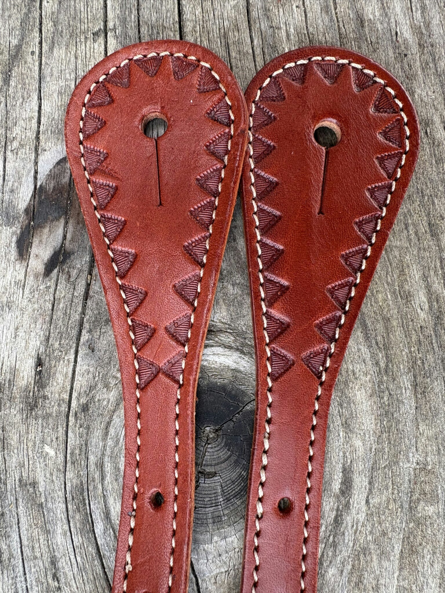 Weaver Youth Hand Tooled Triangle Border Spur Straps  Chestnut