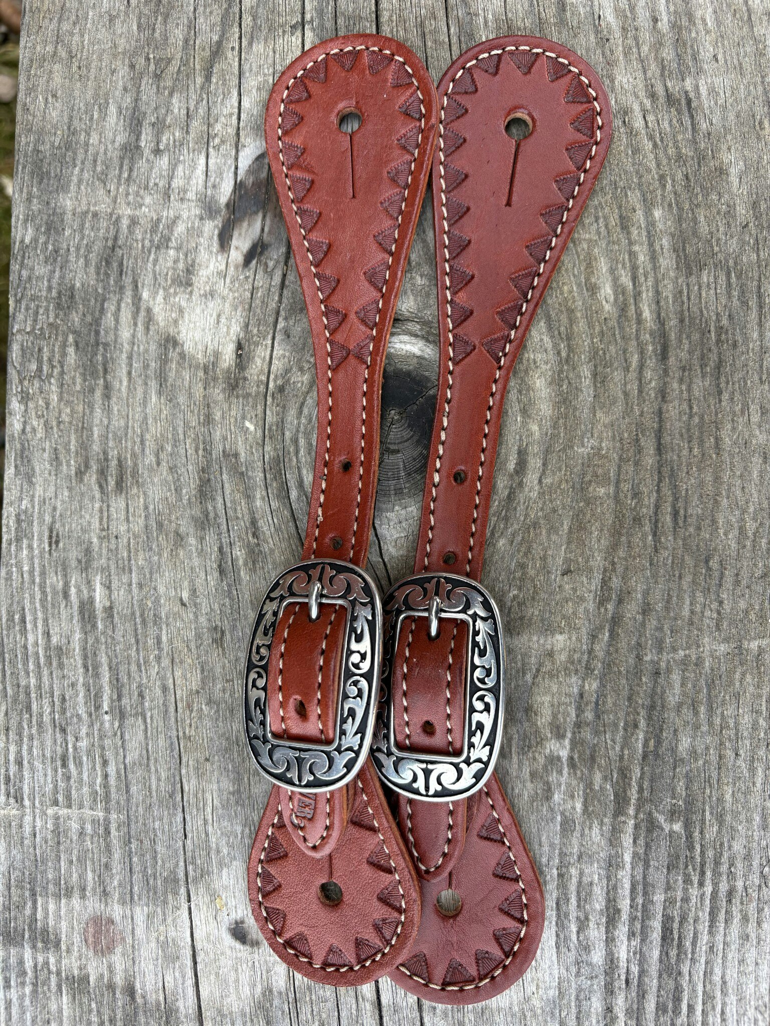 Weaver Youth Hand Tooled Triangle Border Spur Straps  Chestnut