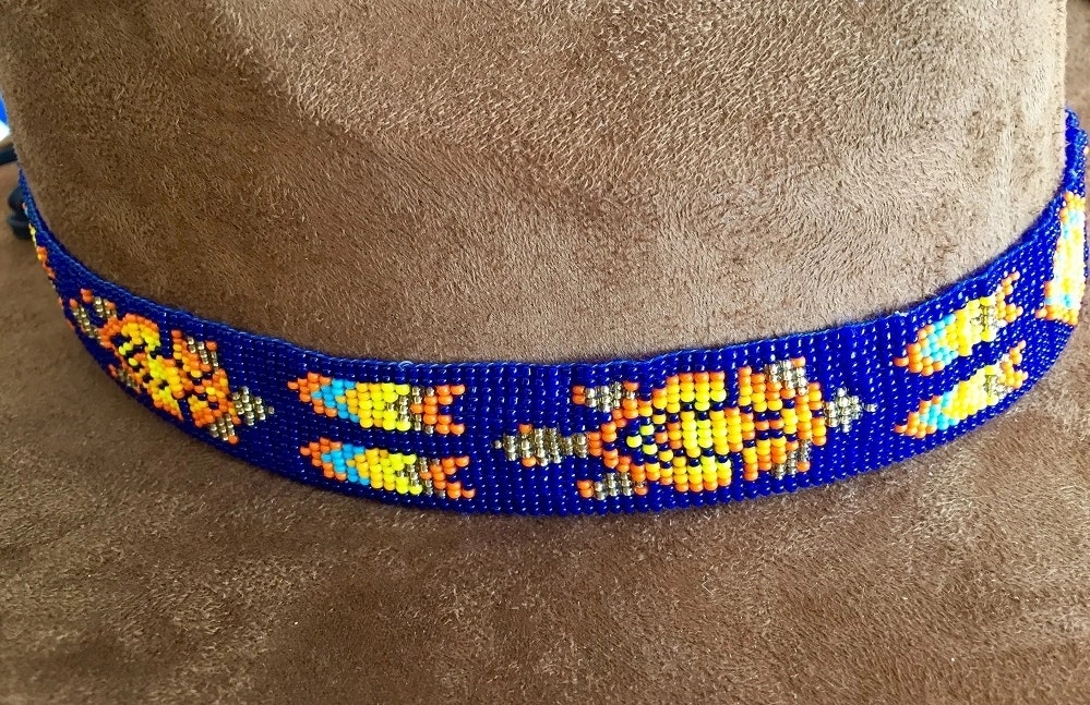 Handgjort Pärlat Hattband Blå/Orange Med Sköldpaddsmönster
