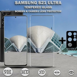 1-Pack Samsung S21 Ultra Skärmskydd & 1-Pack linsskydd - Härdat Glas 9H - Super kvalitet 3D