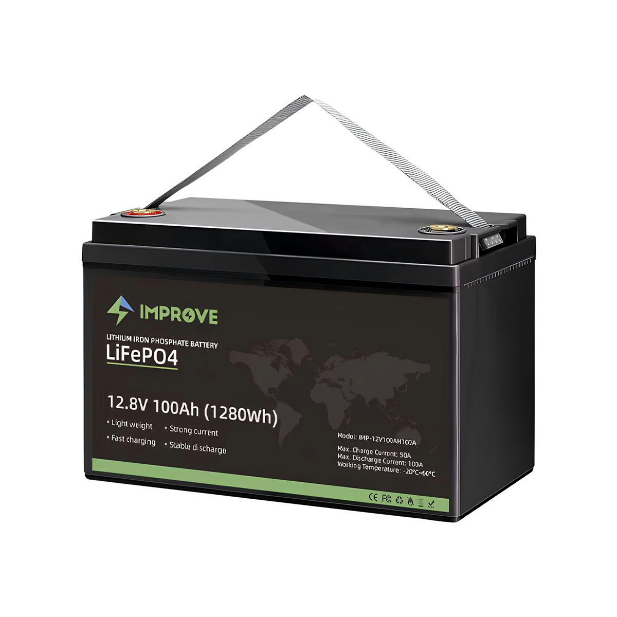 Lithium Batteri IMPROVE 12V 100Ah (LiFePO4) BMS 100A - Fritidsbatteri