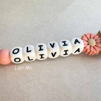 Pacifier holder with name white letters flowerpot soft pink