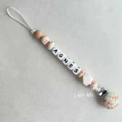 Pacifier holder with name - Roses -Print - WHITE