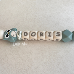 Pacifier holder with name - OWL- GREY BLUE / CREAM