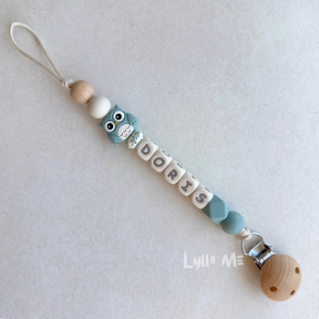 Napphållare med namn - OWL- GREY BLUE / CREAM