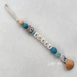 Pacifier holder with name - Little Bear - Grey Blue - arctic blue / CREAM